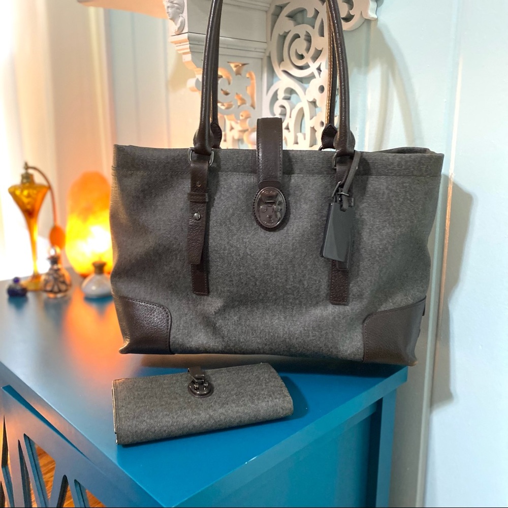 TUMI Turin LG Gray Brown Leather Business Tote/Laptop Bag with Matching Wallet.